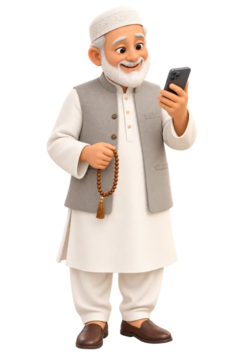 Illustration of an elderly man in a kurta and prayer cap, holding prayer beads and smiling at a reminder on his phone