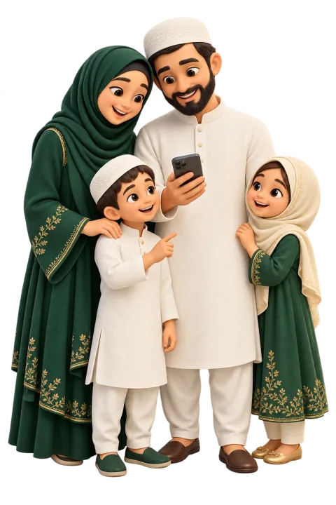 Illustration of a Muslim family of four, mother, father, son and daughter, smiling together at one phone