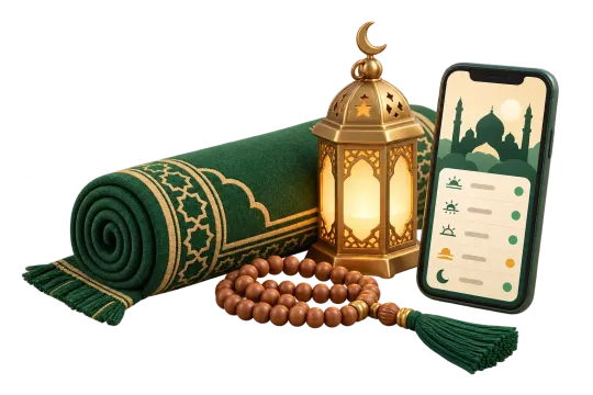 Illustration of a rolled green prayer mat, a glowing brass lantern, prayer beads and a phone showing the five prayer times