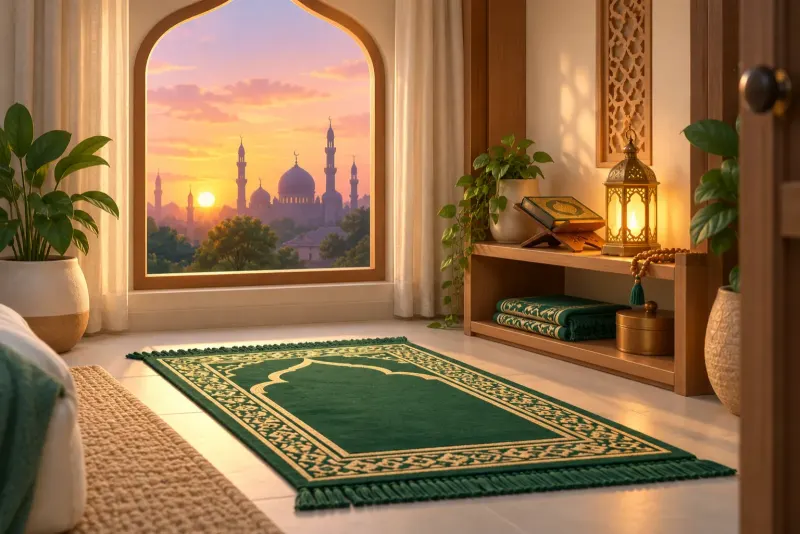 Illustration of a quiet prayer corner at dawn: a green prayer mat, a lantern and a Quran on its stand, with a masjid seen through an arched window